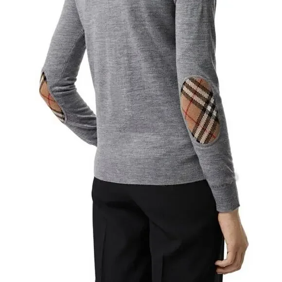 $830 BURBERRY BEMPTON GRAY MERINO WOOL ELBOW CHECK PATCHES PULLOVER SWEATER S